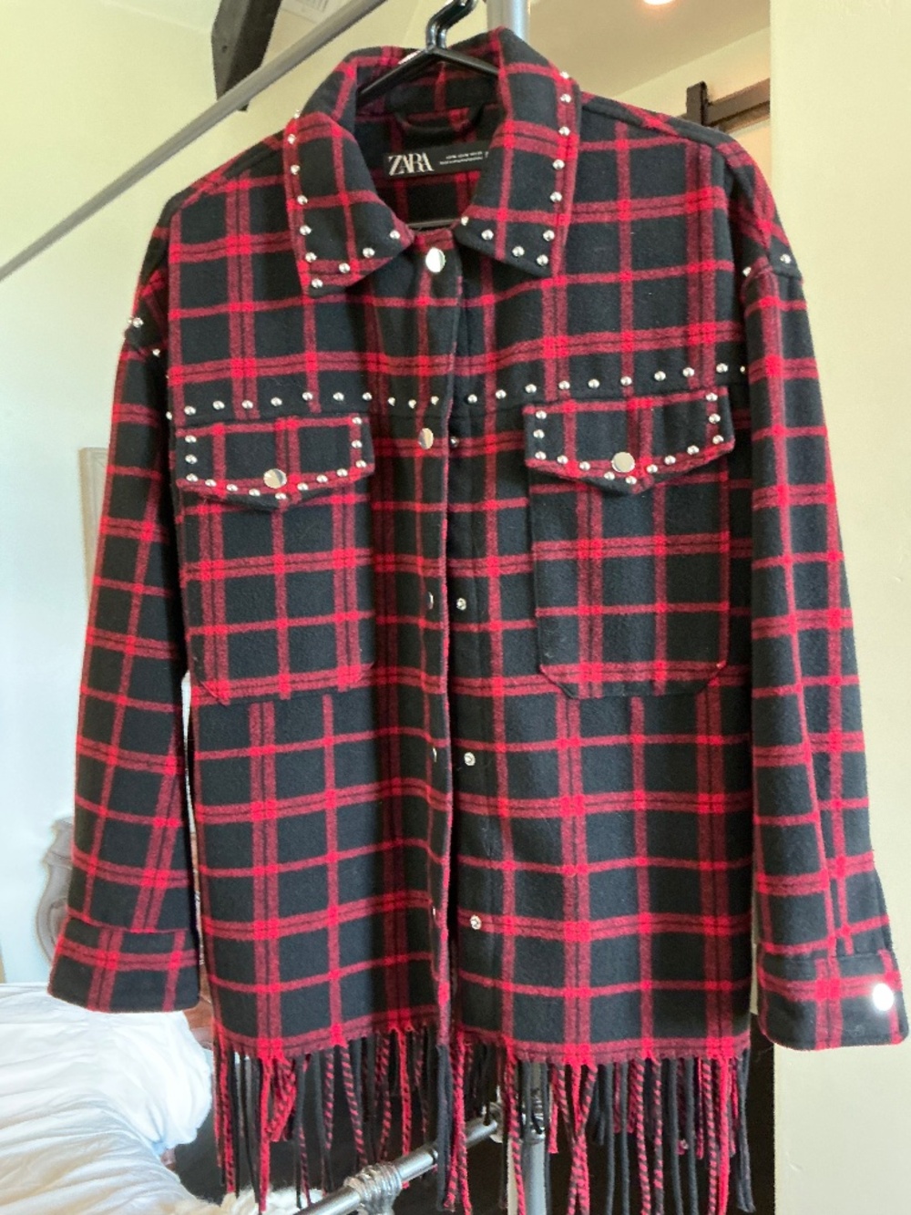 Zara Plaid Fringed & Studded Top/Jacket